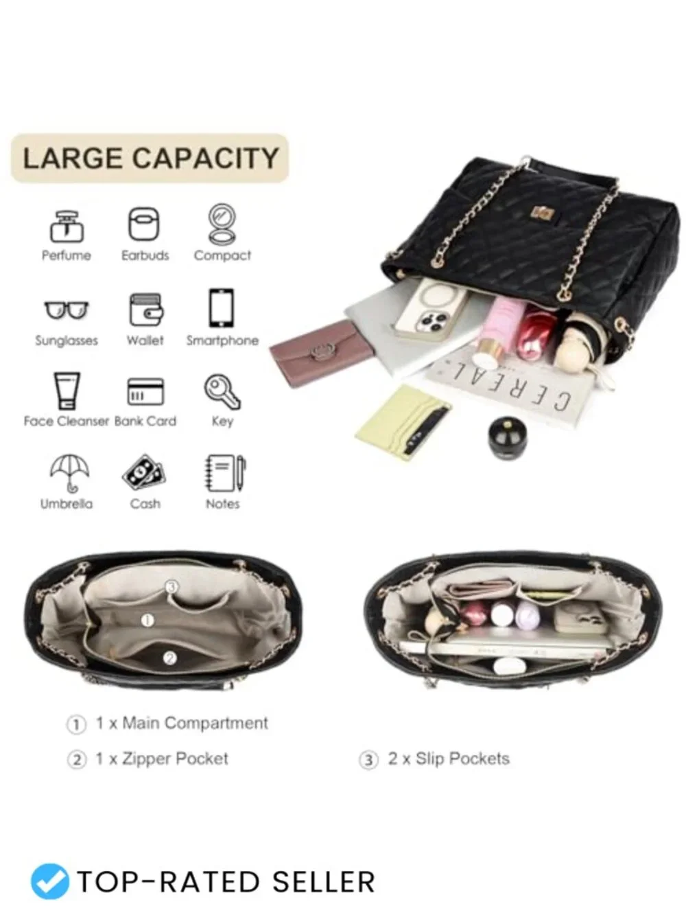Quilted Satchel Tote Bag with Leather Crossbody Strap for Women Work Travel
